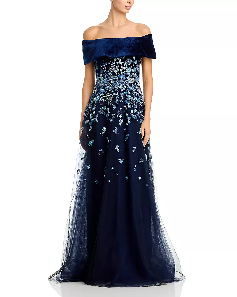 Teri Jon by Rickie Freeman Velvet & Embroidered Tulle Off-the-Shoulder Gown