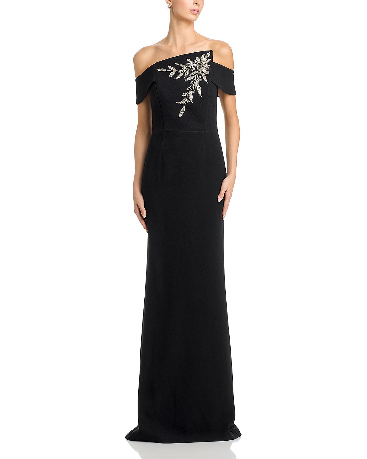 Teri Jon by Rickie Freeman Crepe Asymmetric Neck Embellished Gown