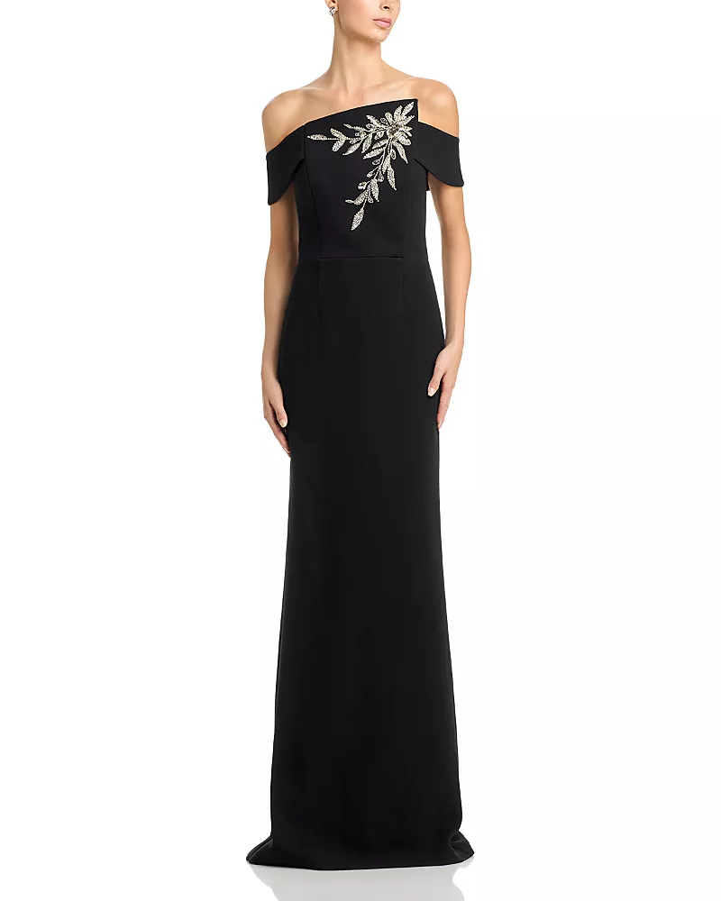Teri Jon by Rickie Freeman Crepe Asymmetric Neck Embellished Gown