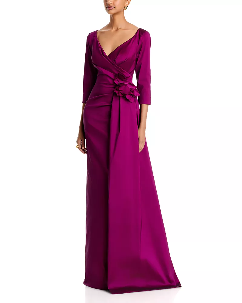 Teri Jon by Rickie Freeman Taffeta Floral Applique Draped Gown
