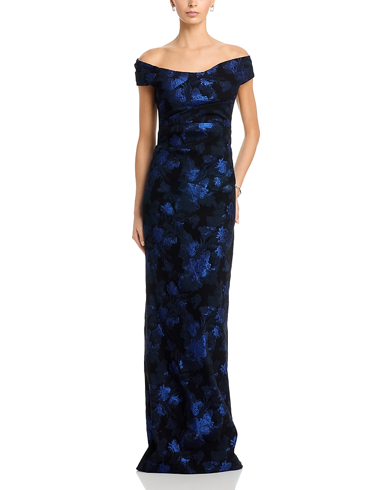 Teri Jon By Rickie Freeman Jacquard Off-the-Shoulder Column Gown