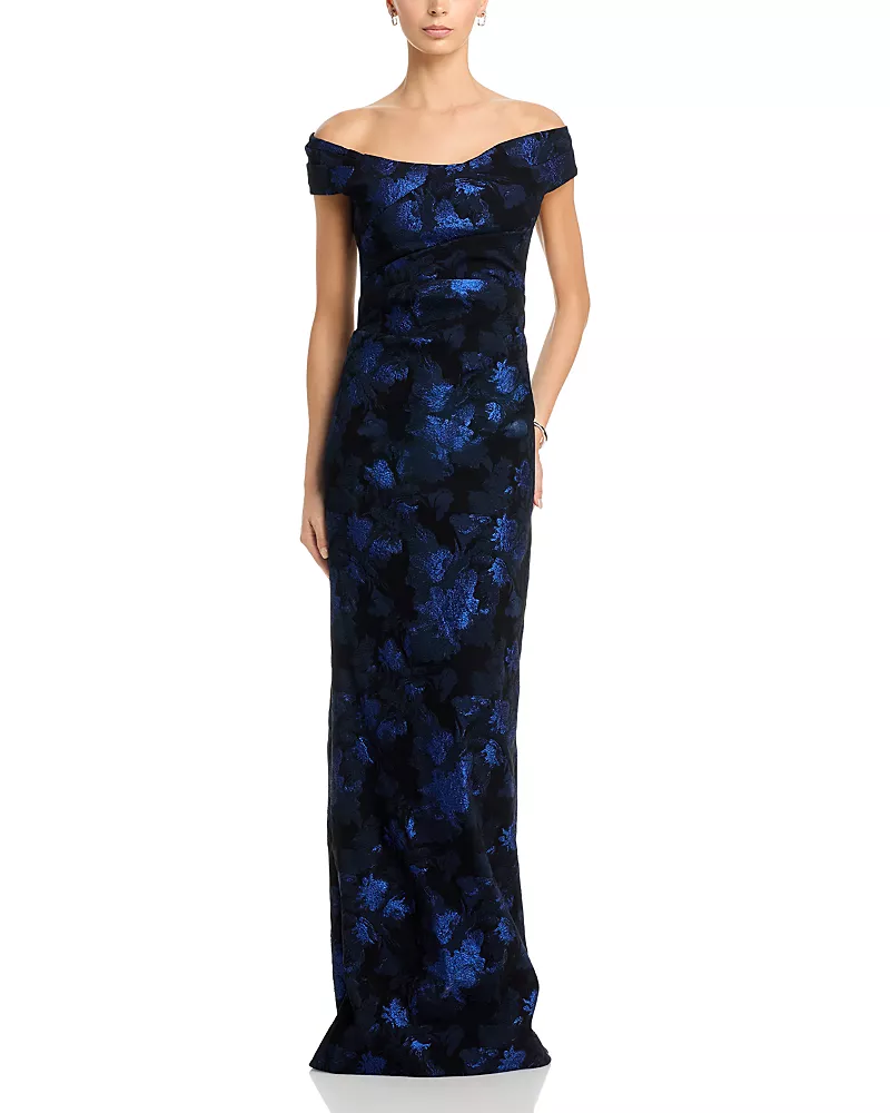 Teri Jon by Rickie Freeman Jacquard Off-the-Shoulder Column Gown