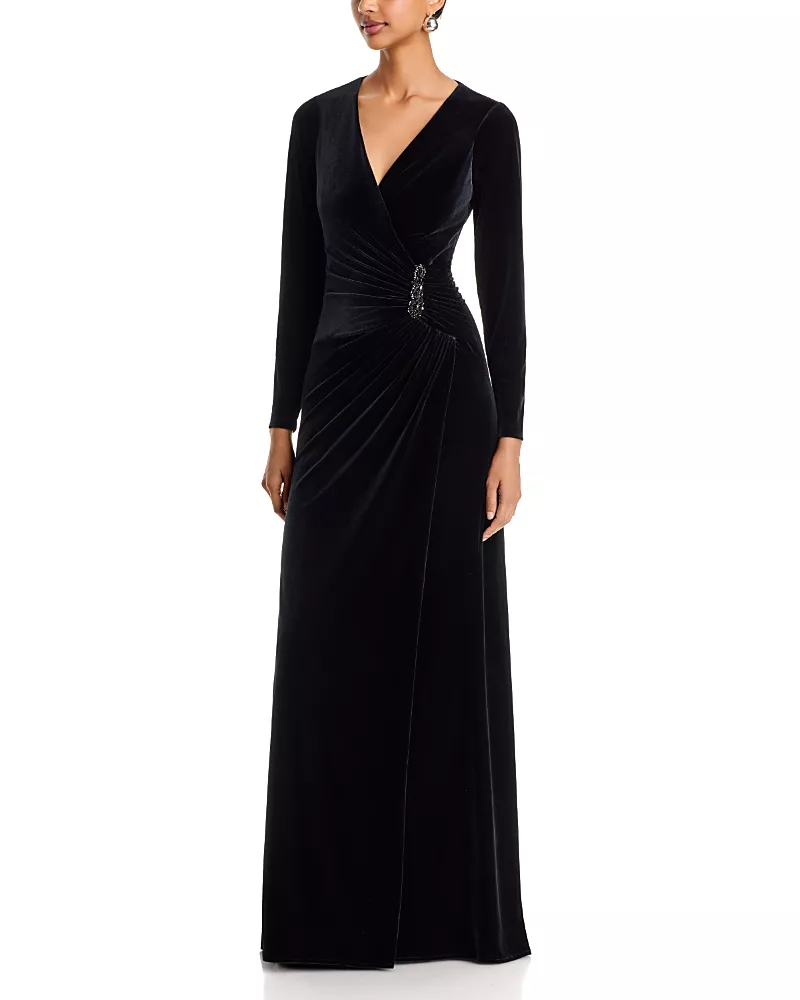 Teri Jon by Rickie Freeman Velvet Beaded Trim Gown