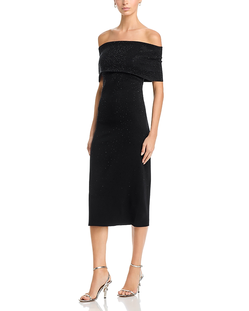 Teri Jon By Rickie Freeman Jet Bead Knit Off-the-shoulder Dress In Black