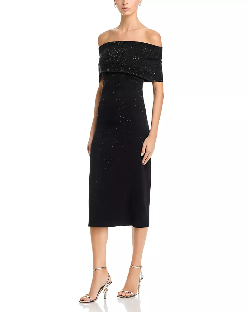 Teri Jon by Rickie Freeman Jet Bead Knit Off-the-Shoulder Dress