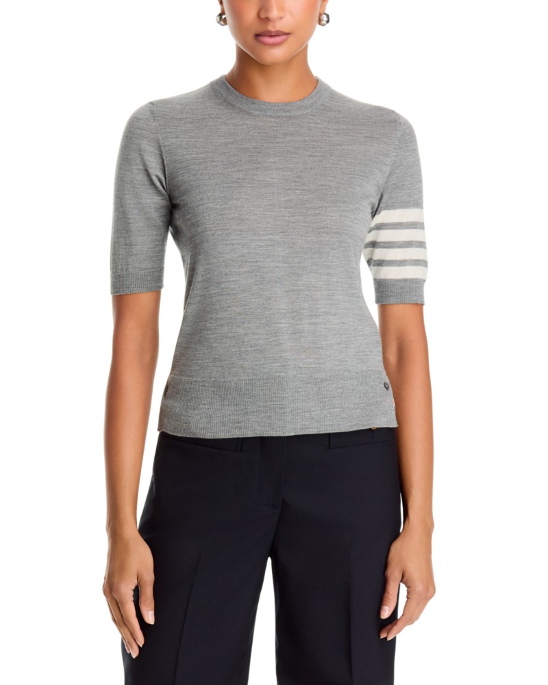 Thom Browne Wool-Blend Stripe Sleeve Tee in Light Grey