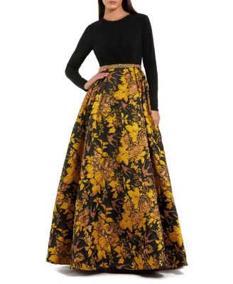 Mac Duggal High Neck Long Sleeve Jersey And Brocade Ballgown
