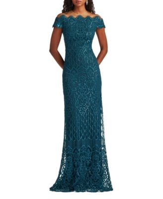 Rater Sequin Embroidered Off-Shoulder Gown