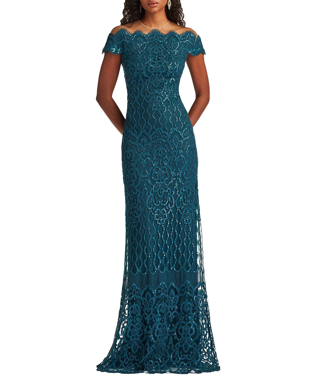 Tadashi Shoji Rater Sequin Embroidered Off-Shoulder Gown