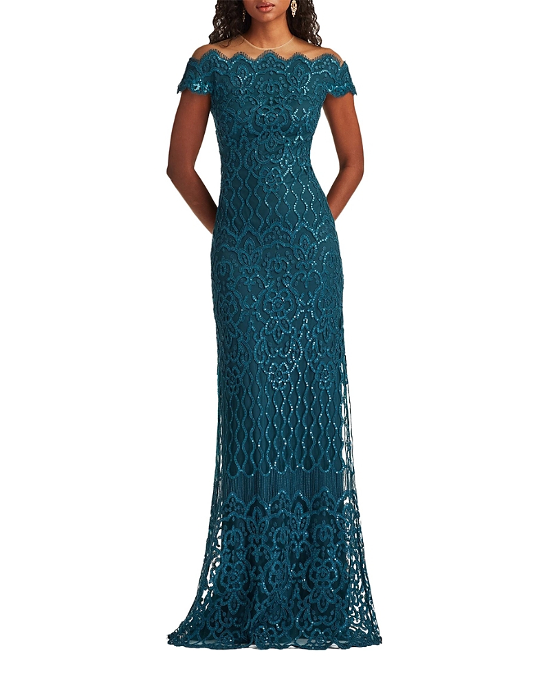 Tadashi Shoji Rater Sequin Embroidered Off-Shoulder Gown