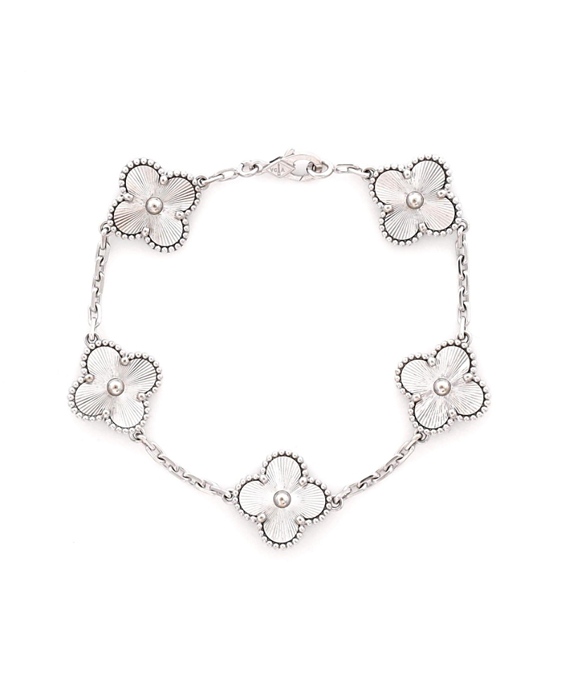 Pre-Owned Van Cleef & Arpels Vintage Alhambra 5 Motifs Bracelet Guilloche 18K White Gold