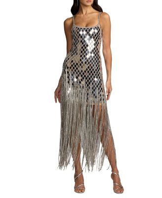 Mac Duggal Beaded Mesh Sleeveless Midi Dress With Fringe