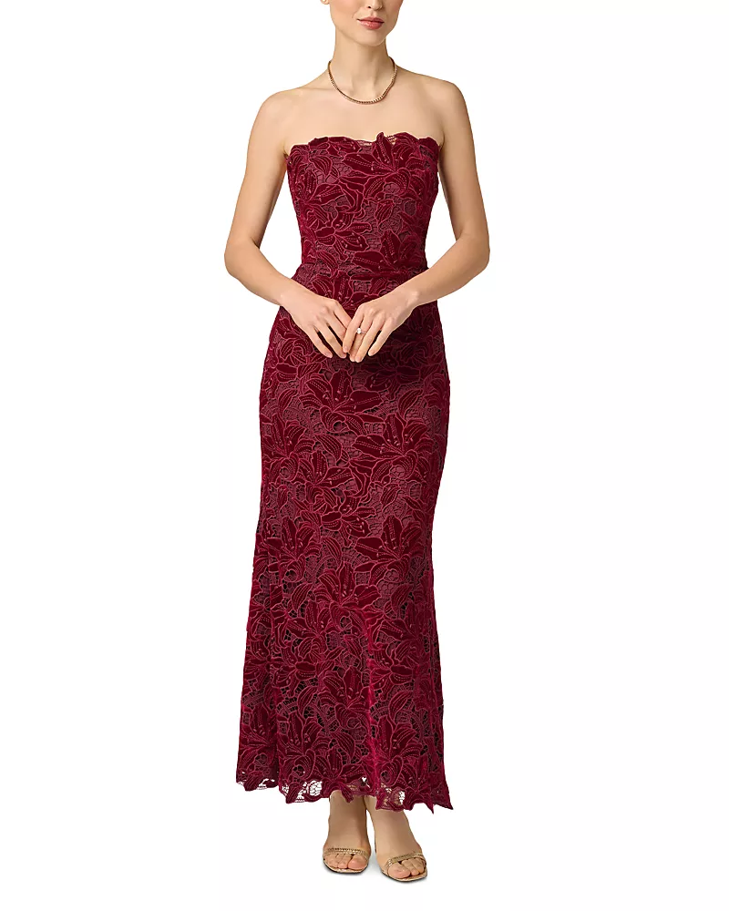 Aidan Mattox Strapless Velvet & Lace Trim Gown