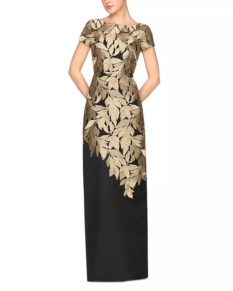 Theia Melina Gold Leaf Design Column Dress