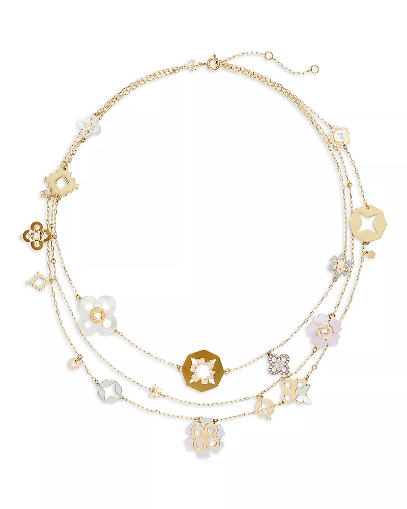 Tory Burch Forget Me Not 18K Yellow Gold Plated Multi Strand Necklace, 17.5
