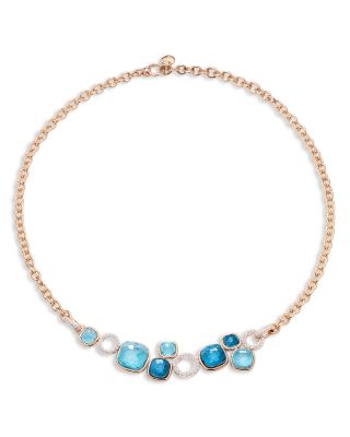 18K White & Rose Gold Nudo Multi Gemstone & Diamond Bezel Cluster Statement Necklace, 18.1"