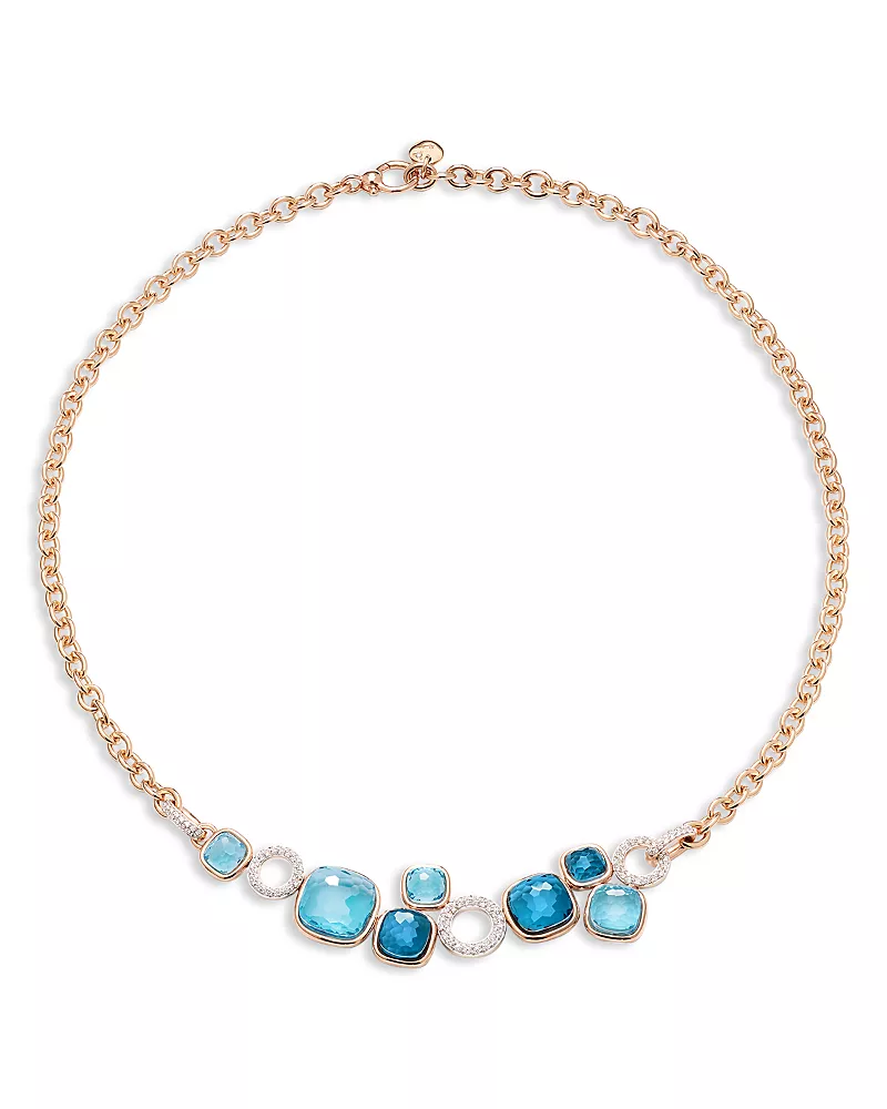 Pomellato 18K White & Rose Gold Nudo Multi Gemstone & Diamond Bezel Cluster Statement Necklace, 18.1