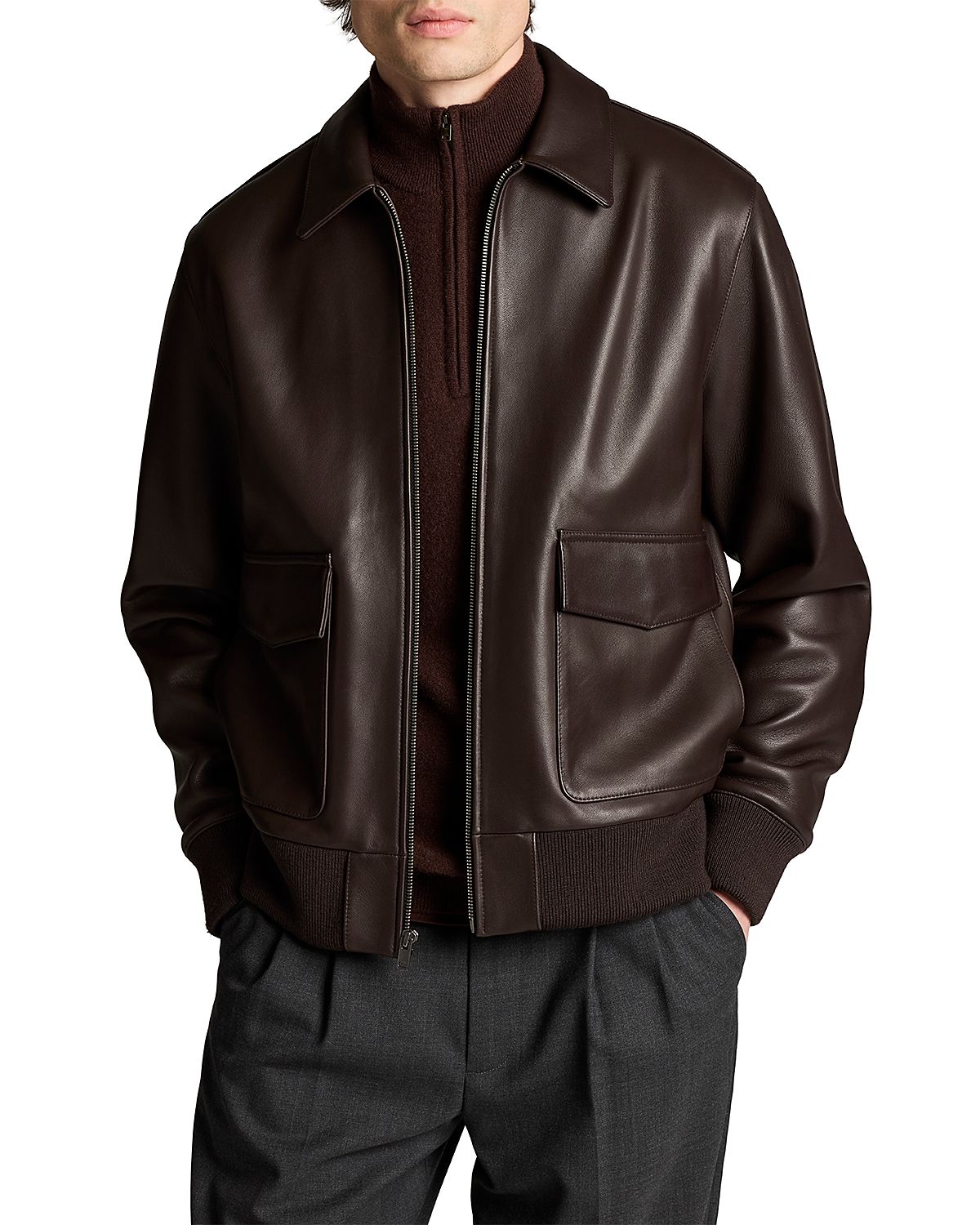 Vince Leather Point Collar Aviator Bomber Jacket