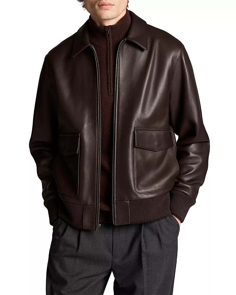 Vince Leather Point Collar Aviator Bomber Jacket