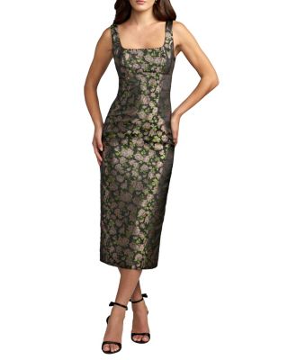 Sleeveless Square Neck Fitted Brocade Midi Dress