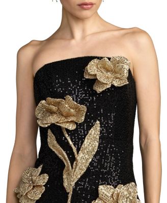 Strapless Fitted Sequin Midi Dress With 3D Flowers