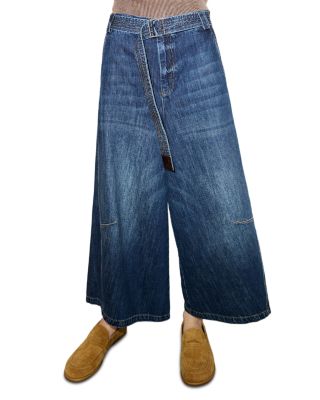 Epoche Mid Rise Belted Wide Leg Jeans in Navy