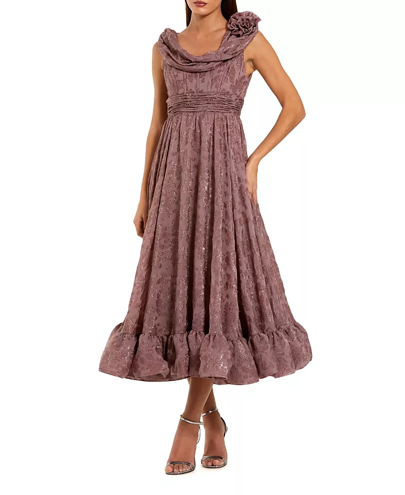 Mac Duggal Burnout Chiffon Sleeveless Cowl Neck Midi Dress