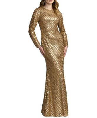  Long Sleeve Fitted Gown With Checker Beading