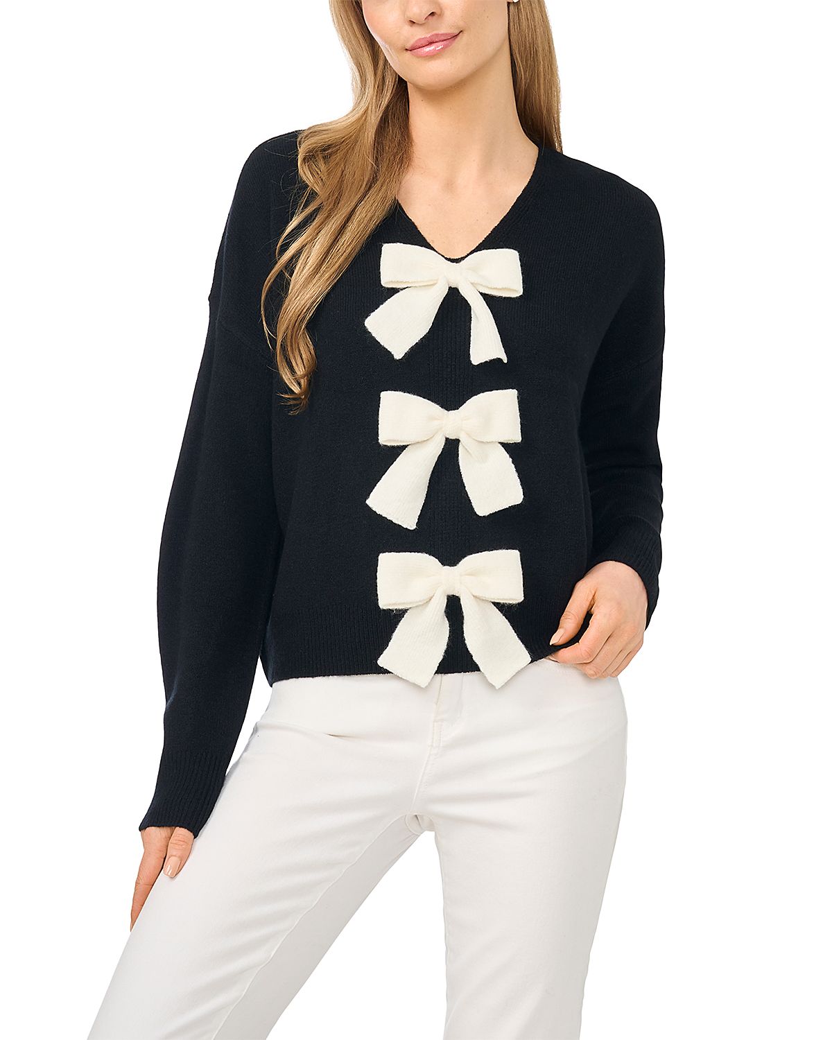 CeCe Bow Trim V Neck Sweater
