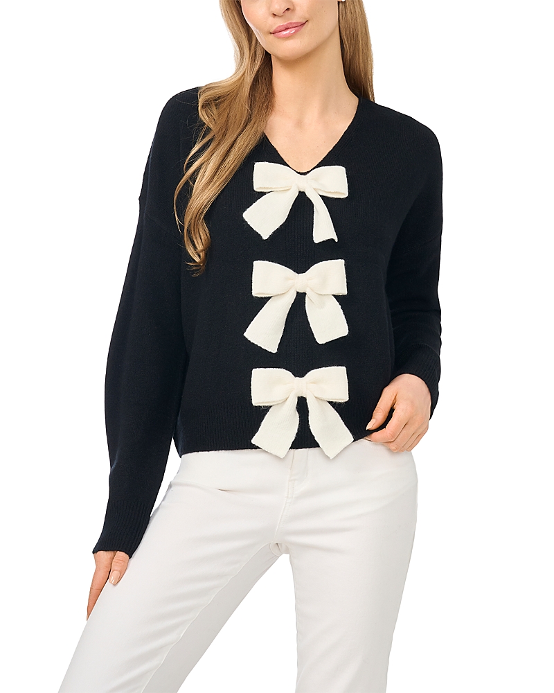 CeCe Bow Trim V Neck Sweater