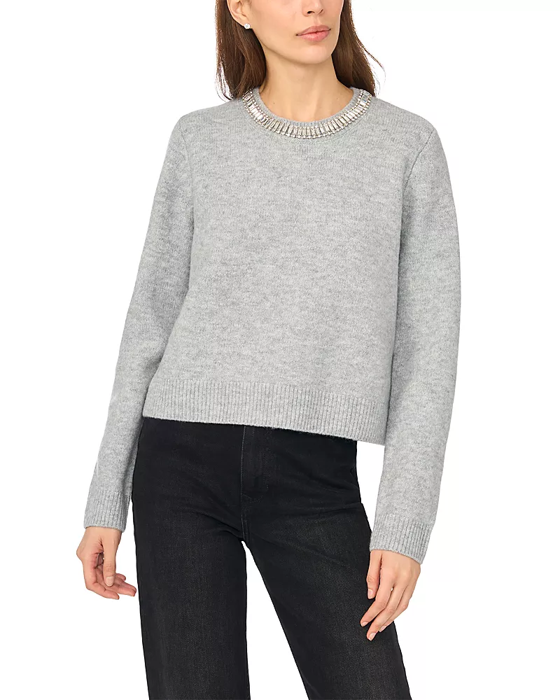 CeCe Rhinestone Collar Crewneck Sweater