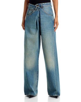 Cotton Fold Over Waist Wide Leg Jeans in Sand Wash