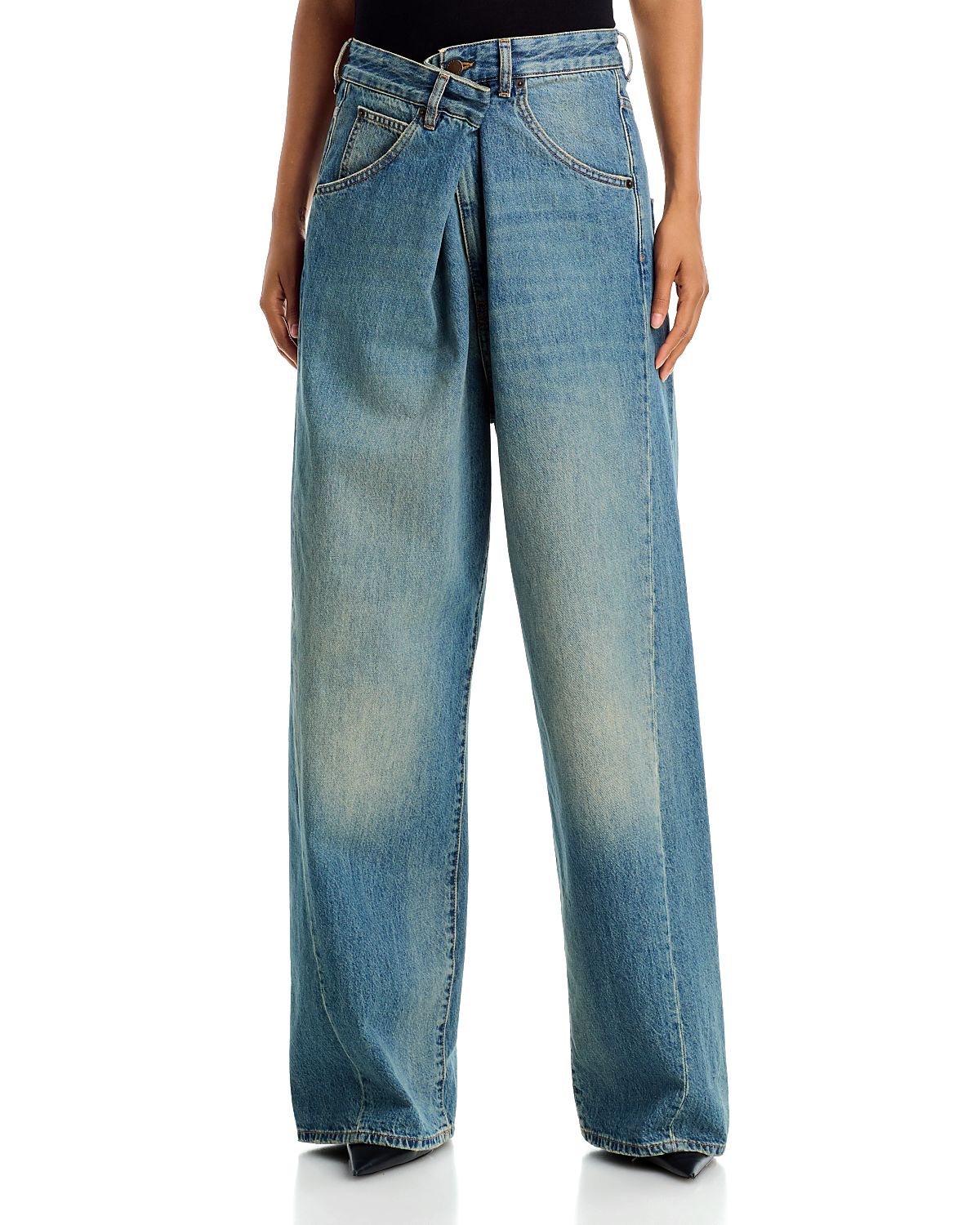 Darkpark Cotton Fold Over Waist Wide Leg Jeans