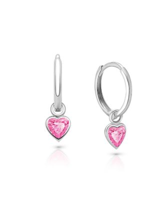 Girls' Sterling Silver Pink Heart Drop Classic Huggie Hoop Earrings - Baby, Little Kid, Big Kid