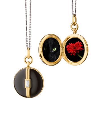 18K Yellow Gold Vermeil over Sterling Silver & Black Steel Locket x Color White Sapphire & Black Enamel Round Pendant Necklace, 16-17"
