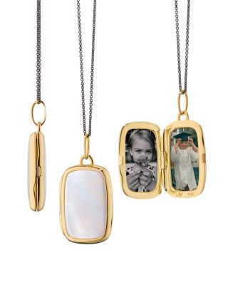 18K Yellow Gold & Black Steel Slim Lockets Mother of Pearl Rectangular Locket Pendant Necklace, 16-17"