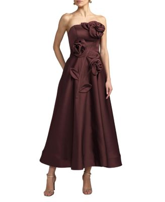 Mac Duggal Strapless Satin A-Line Gown with 3D Floral Applique