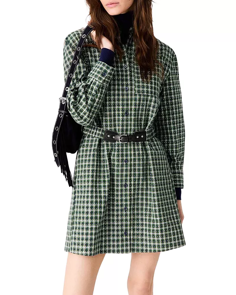 Maje Recheck Cotton Embellished Shirt Dress