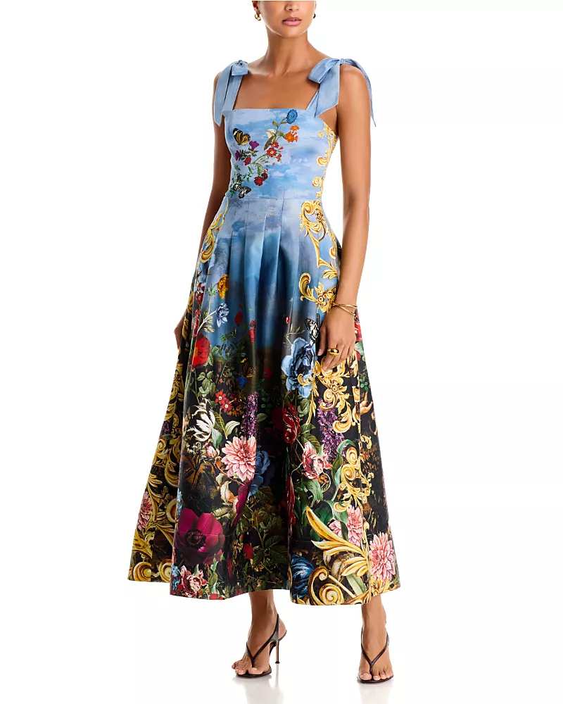 Alice and Olivia Hana Cotton Stretch Pleated Waist Bow Strap Dress