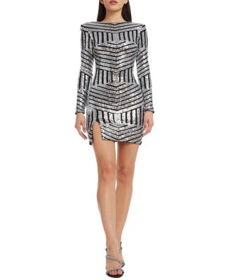 Dress the Population Nathalia Long Sleeve Geometric Sequin Stripe Mini Dress