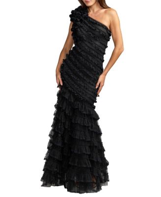  Sleeveless One Shoulder Lace Trim Ruffle Gown