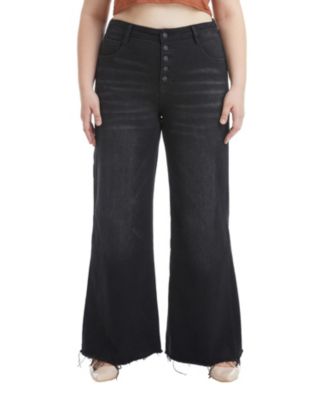 Bayeas Plus Mid Rise Wide Leg with Frayed Hem Denim Jeans in Raven