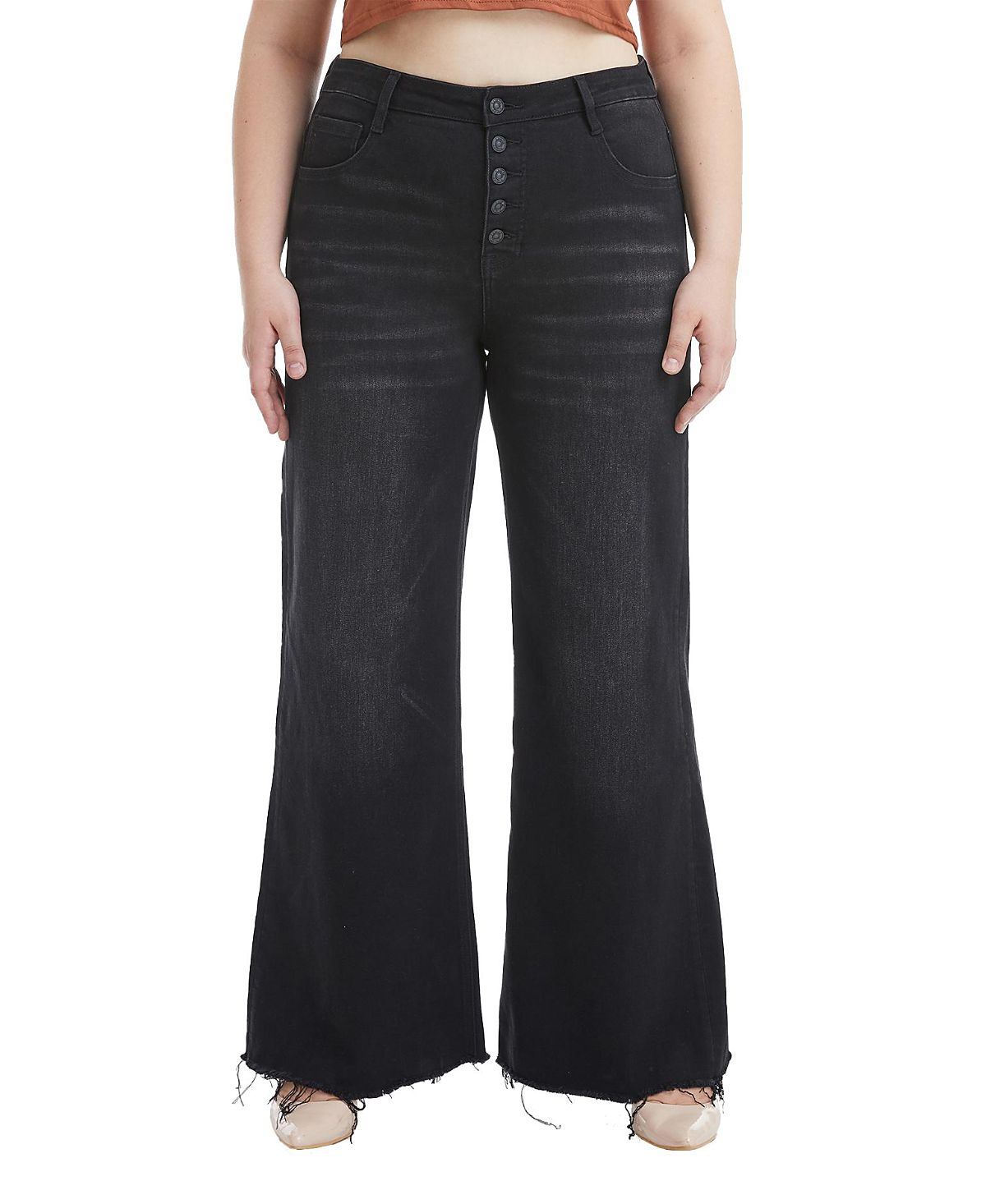 Bayeas Plus Mid Rise Wide Leg with Frayed Hem Denim Jeans