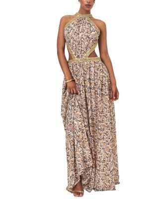  Quinnlyn Cheetah Print Chiffon Halter Maxi Dress