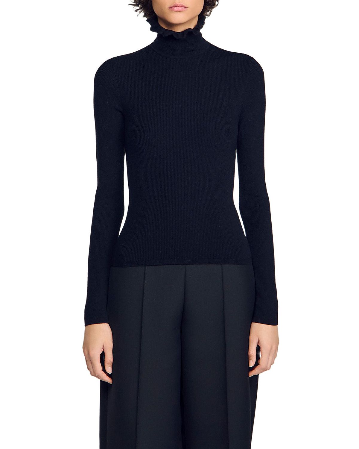 Sandro Lana Wool Blend Ruffled Turtleneck Sweater