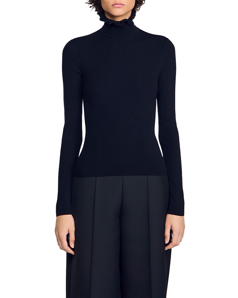 Sandro Lana Wool Blend Ruffled Turtleneck Sweater