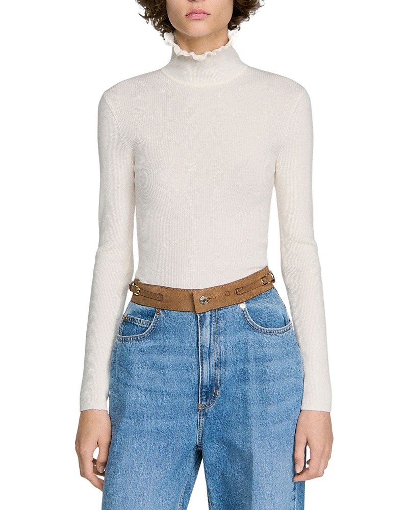 Sandro Lana Wool Blend Ruffled Turtleneck Sweater