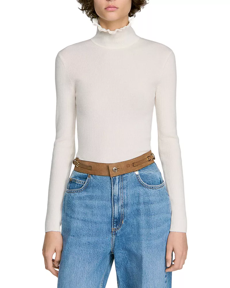 Sandro Lana Wool Blend Ruffled Turtleneck Sweater