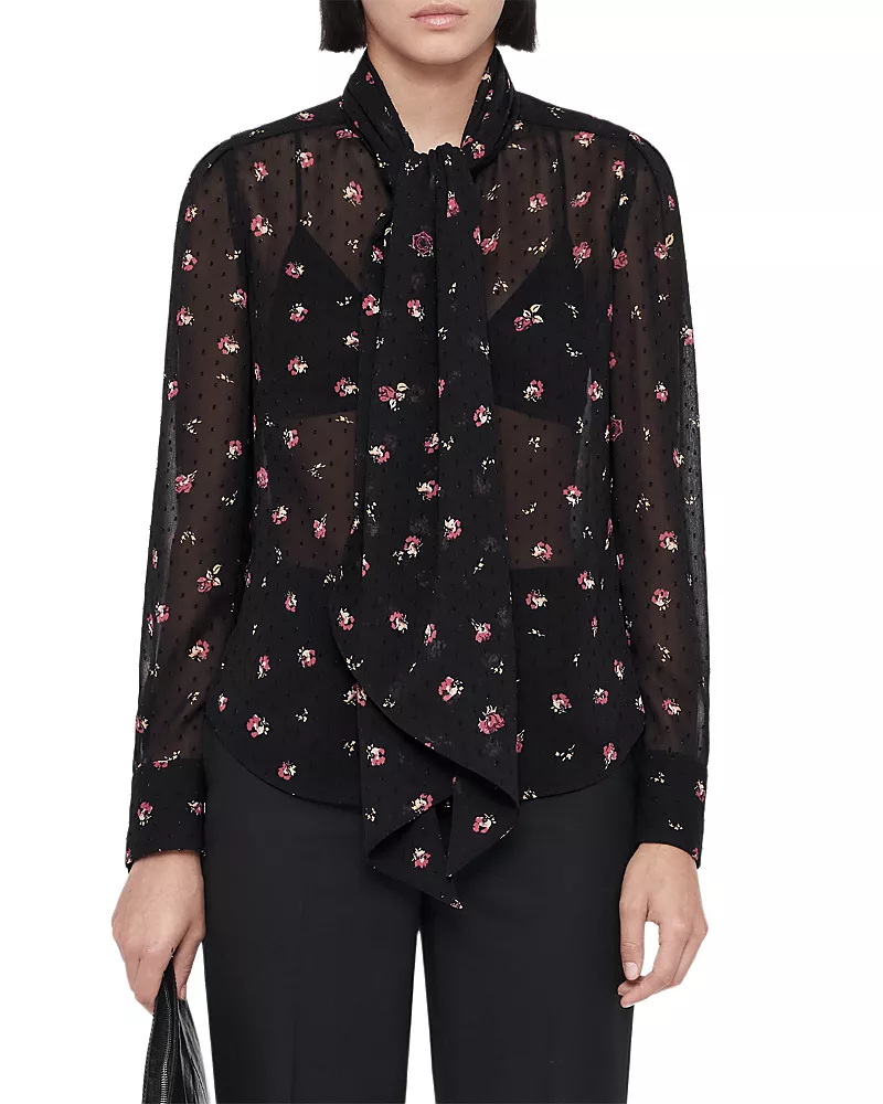 Allsaints Iris Printed Clip Dot Tie Neck Blouse