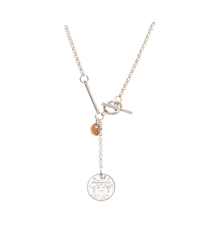 Pre-Owned HERMES Small Ex-Libris Long Necklace Sterling Silver with 18K Rose Gold, 16